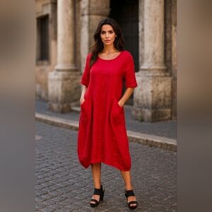 NWT Vanessa Zani 100% Linen Dress Size 0X US 10/12 Red Flowy Oversized